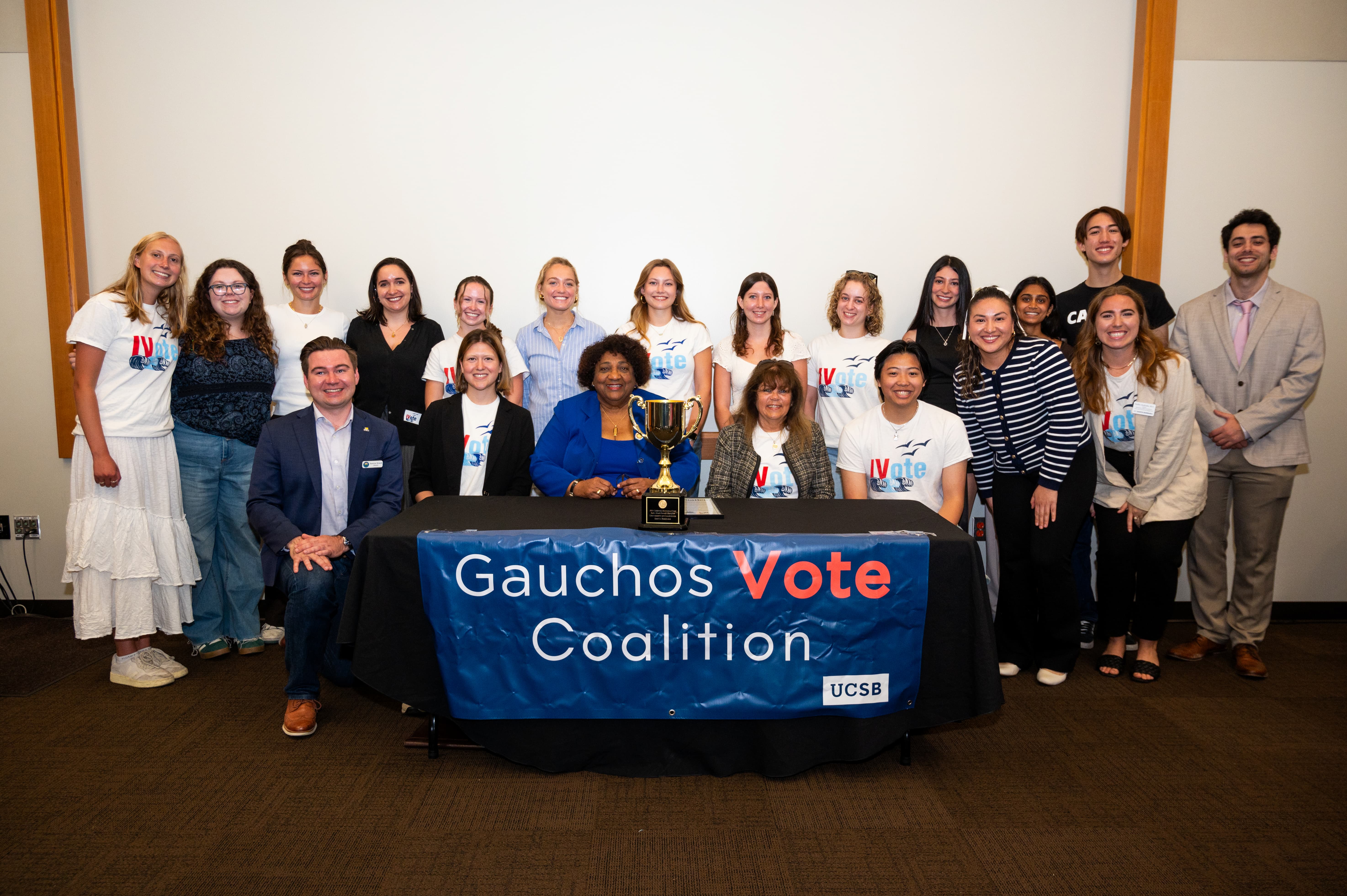 California Secretary of State Shirley N. Weber, Ph.D., presented the Ballot Bowl trophy to UC Santa Barbara staff and students